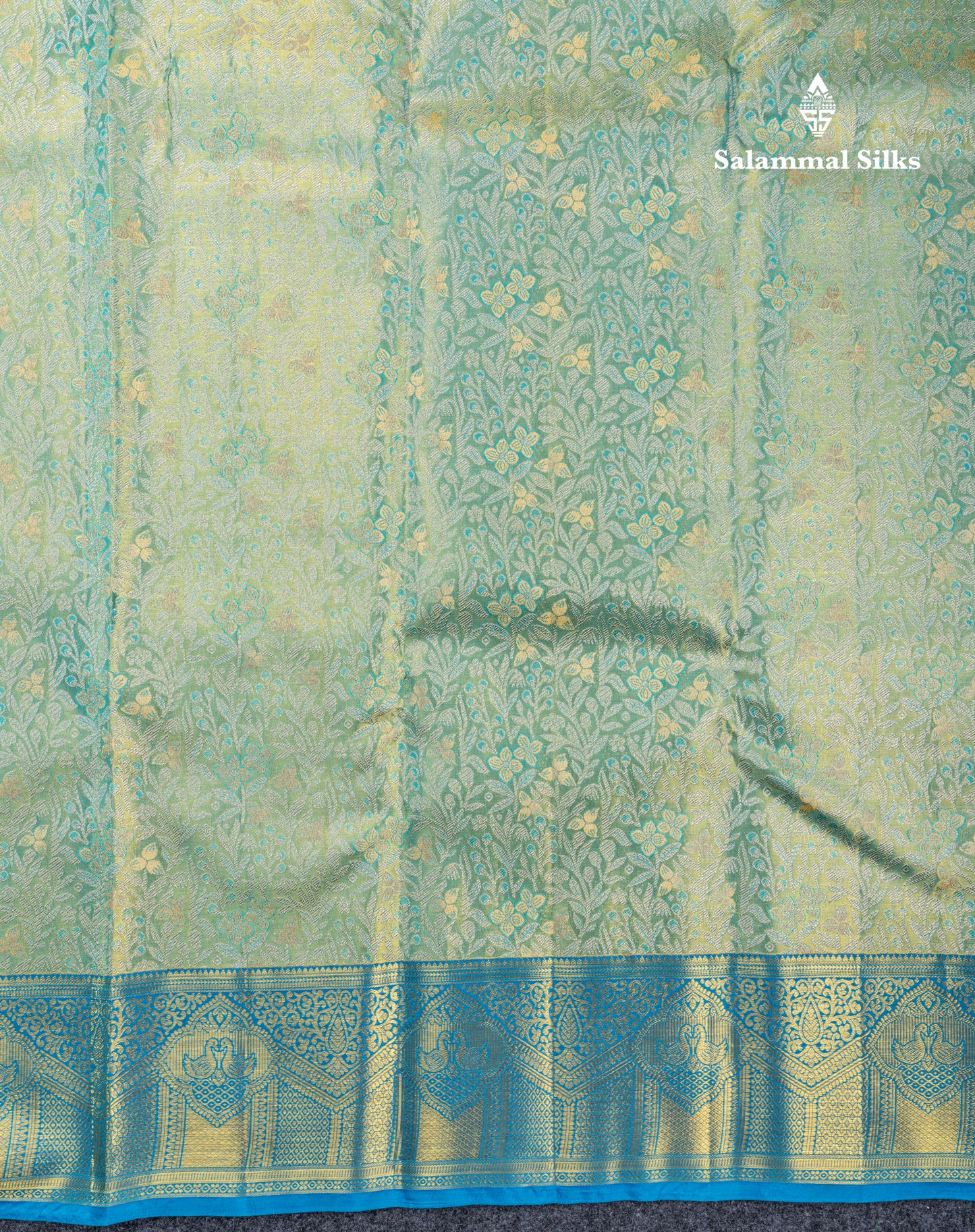 Pastel Blue Tissue Bridal Pure Kanjivaram Silk Saree With Contrast Sky Blue Border