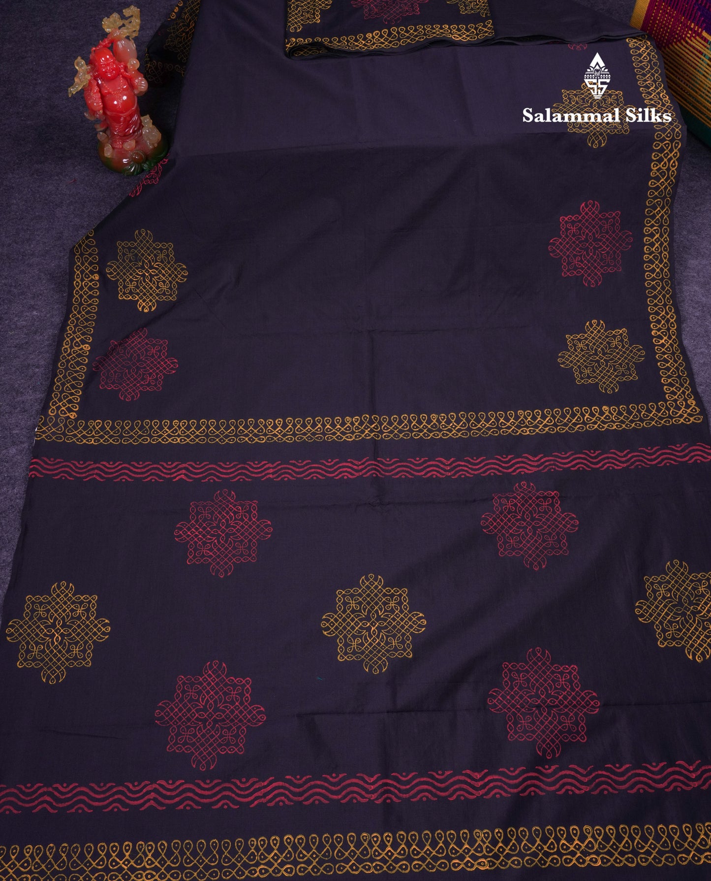 Beautiful Black South Cotton Printed Saree With Contrast Mustard Yellow Blouse