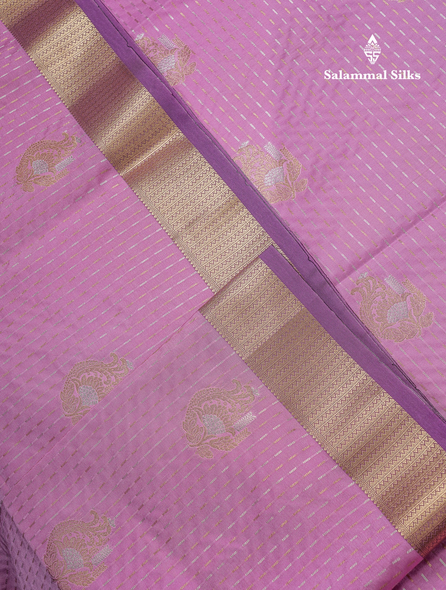 Beautiful Light Pink Silver & Gold Zari Buttas Semi Silk Saree With Contrast Light Violet Traditional Pallaku Border