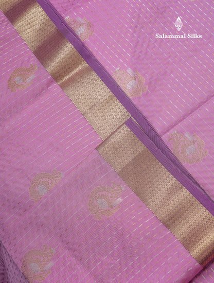 Beautiful Light Pink Silver & Gold Zari Buttas Semi Silk Saree With Contrast Light Violet Traditional Pallaku Border