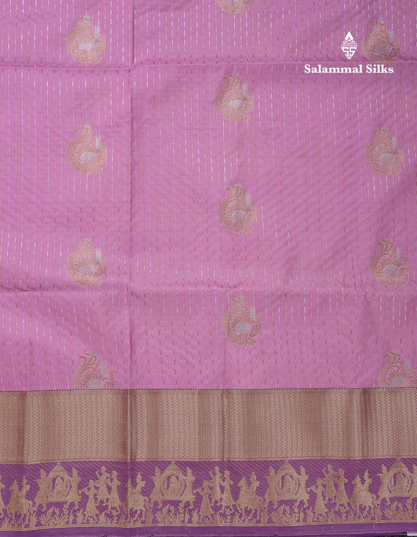 Beautiful Light Pink Silver & Gold Zari Buttas Semi Silk Saree With Contrast Light Violet Traditional Pallaku Border