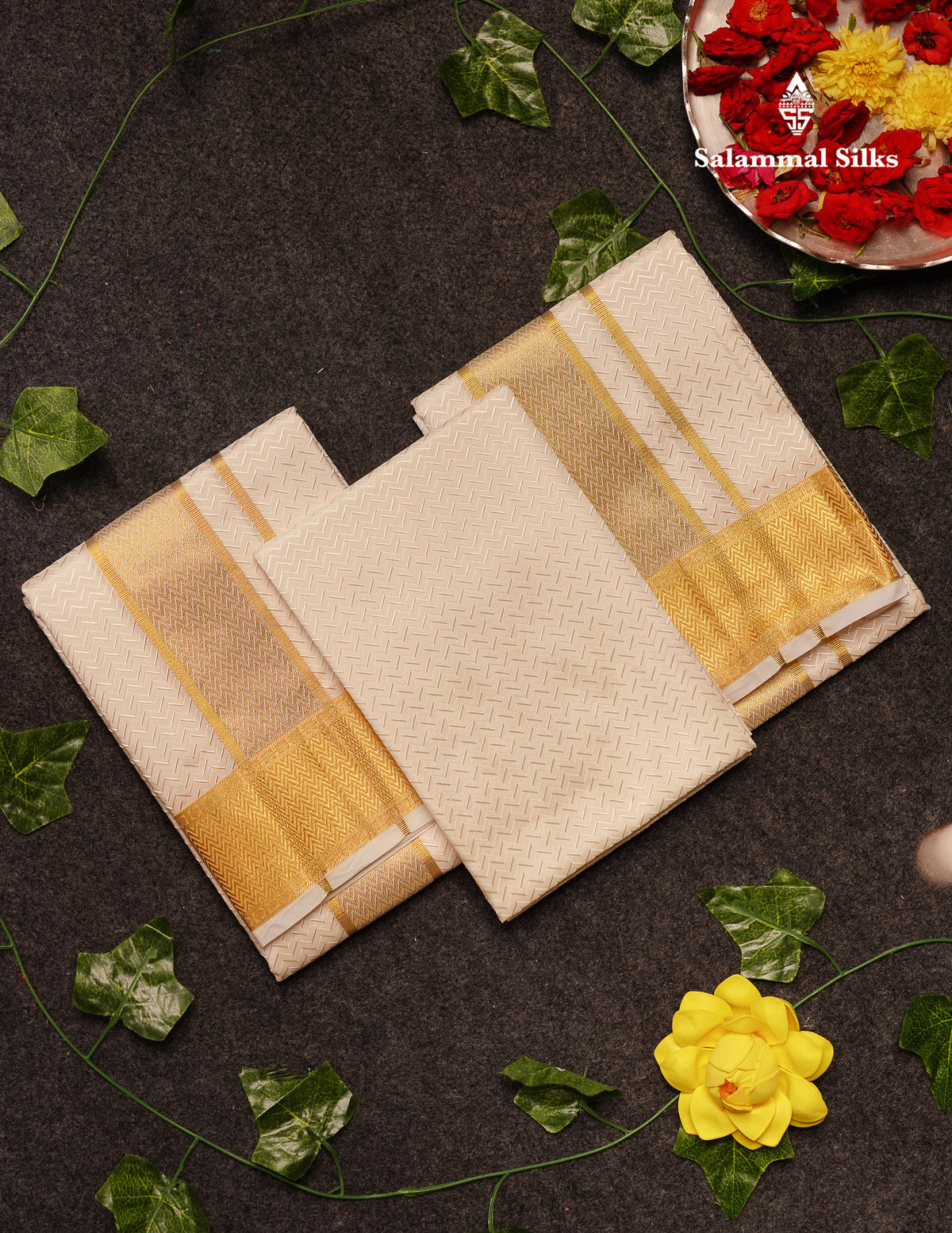 White Asha Mix Embos Design (8x4) Dhoti, Angavastram & Shirt (2.50M) with Gold Zari Border