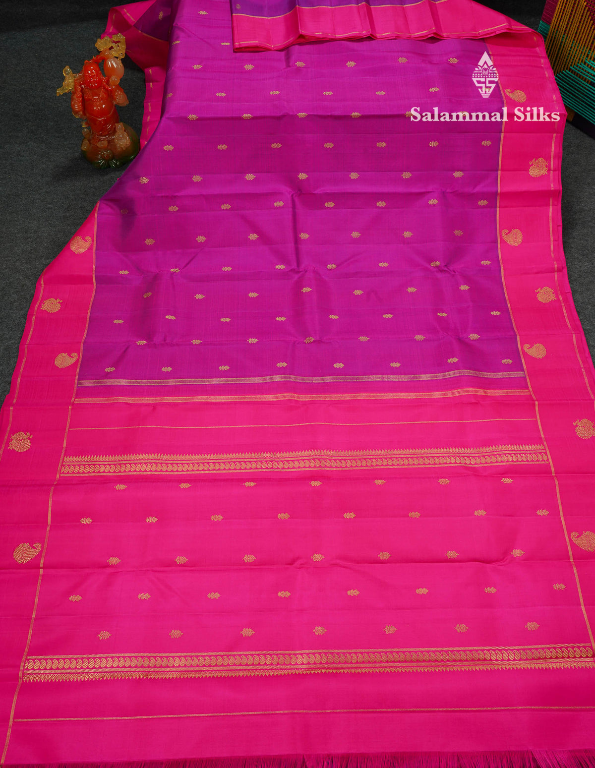Beautiful Magenta Pink Pure Kanjivaram Silk Saree Pure Zari With Contrast Pink Traditional Border