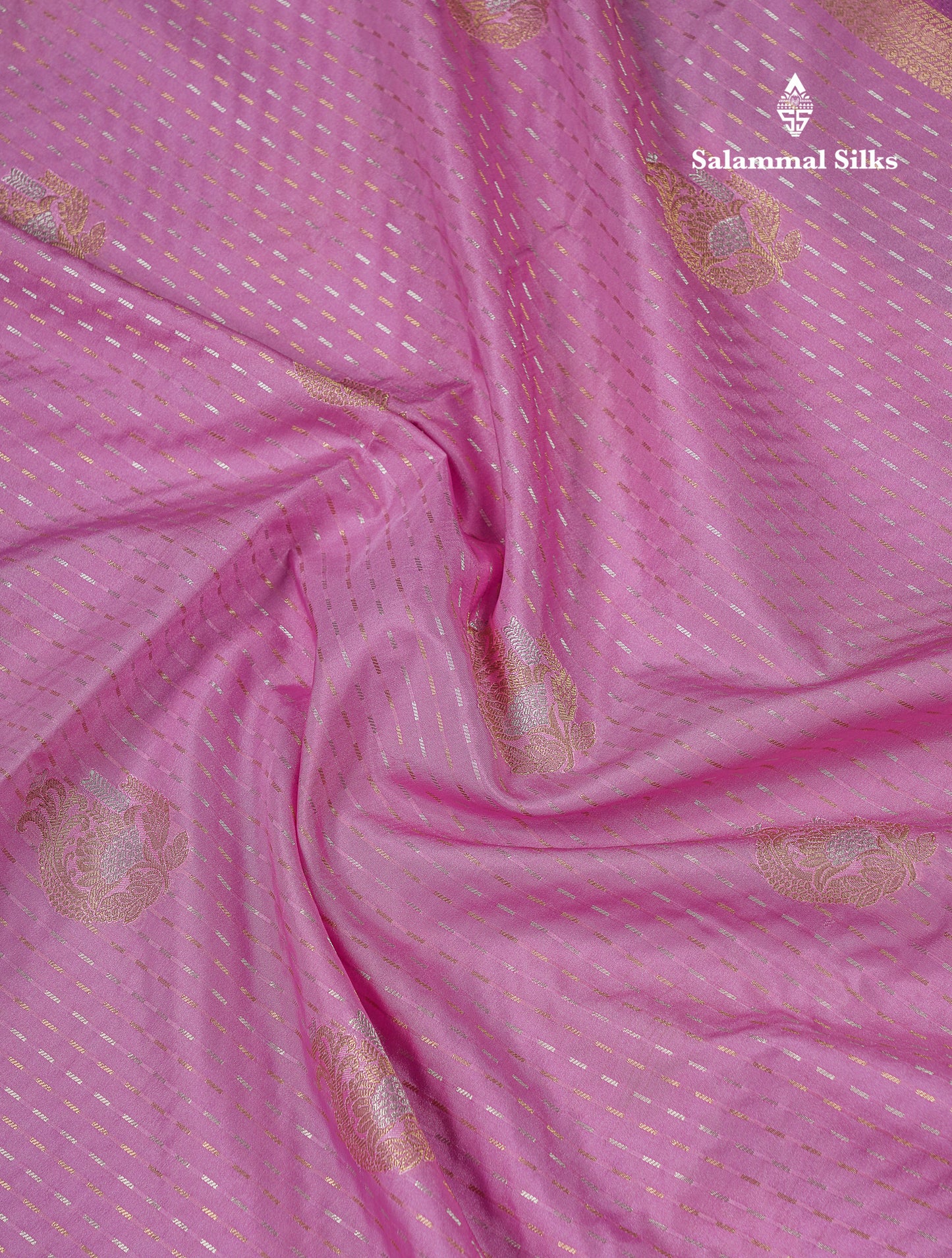 Beautiful Light Pink Silver & Gold Zari Buttas Semi Silk Saree With Contrast Light Violet Traditional Pallaku Border