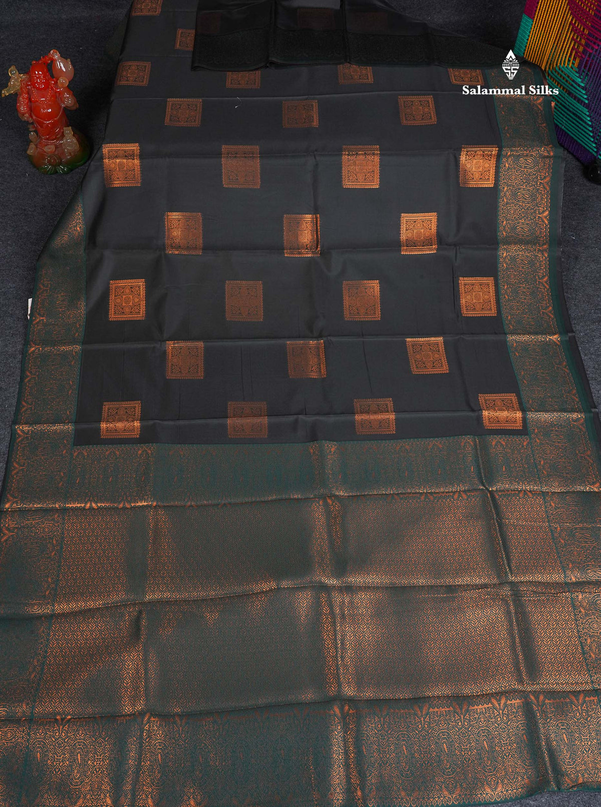 Semi Silk Saree - Black Colour Body With Contrast Bottle Green Border 