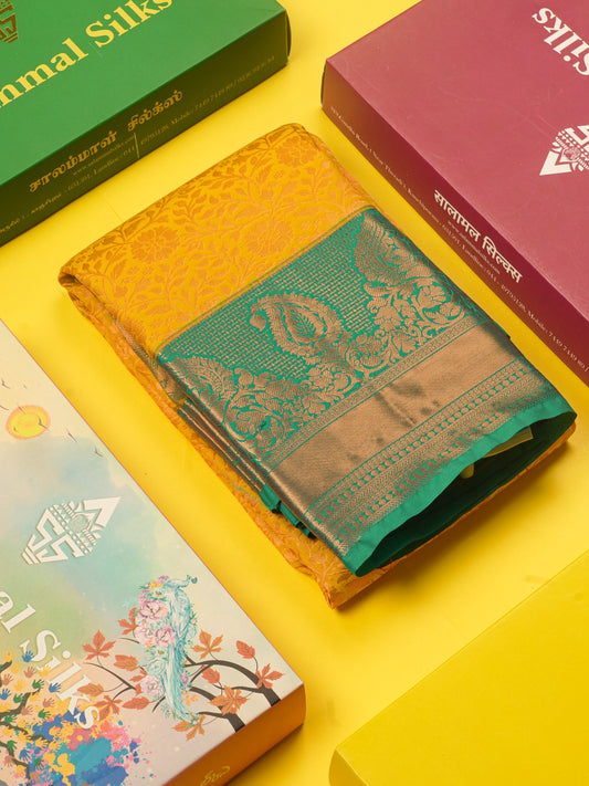 Mustard Yellow Bridal Semi Silk Saree With Contrast Peacock Green Border
