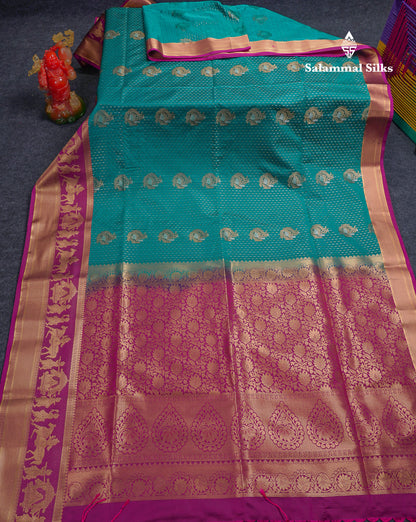 Beautiful Dark Violet Silver & Gold Zari Buttas Semi Silk Saree With Contrast Olive Green Traditional Pallaku Border