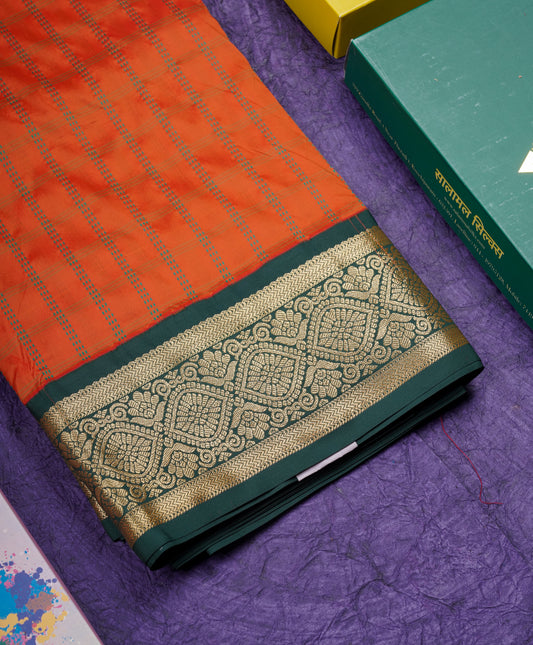 9 Yards Semi Silk Saree Orange Colour with Bottle Green Border