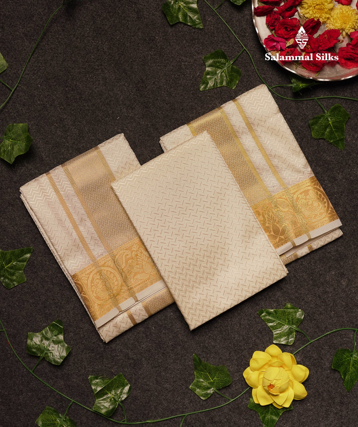 White Asha Mix Embos Design Dhoti (8x4) Angavastram & Shirt (2.50M) with Gold Zari Border