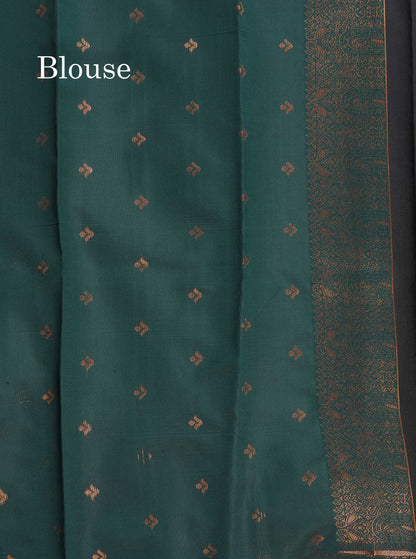 Semi Silk Saree - Black Colour Body With Contrast Bottle Green Border
