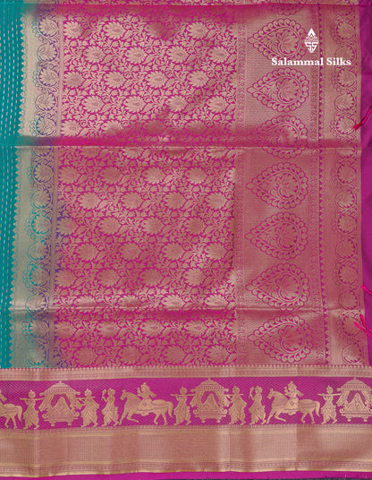 Beautiful Dark Violet Silver & Gold Zari Buttas Semi Silk Saree With Contrast Olive Green Traditional Pallaku Border