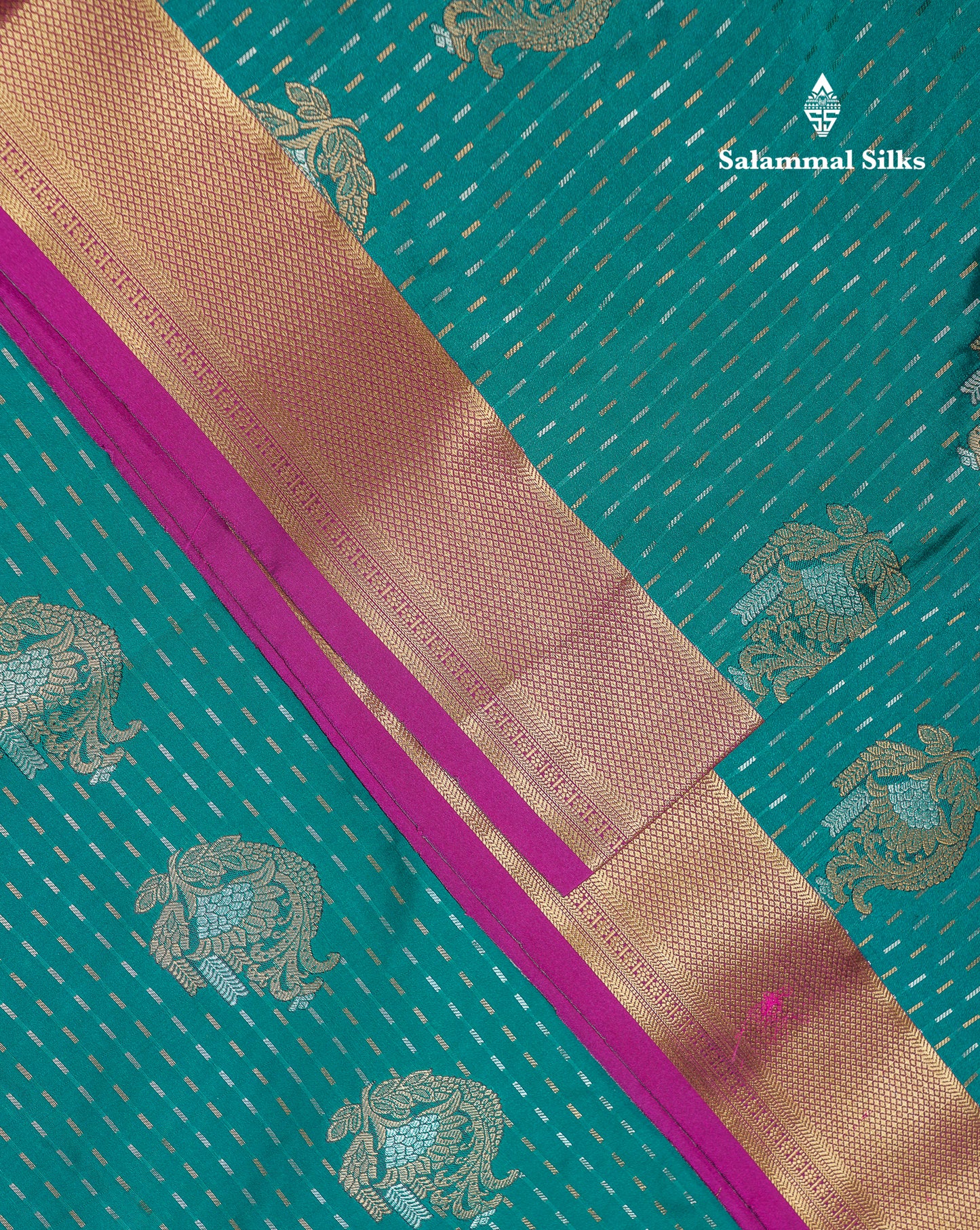 Beautiful Dark Violet Silver & Gold Zari Buttas Semi Silk Saree With Contrast Olive Green Traditional Pallaku Border