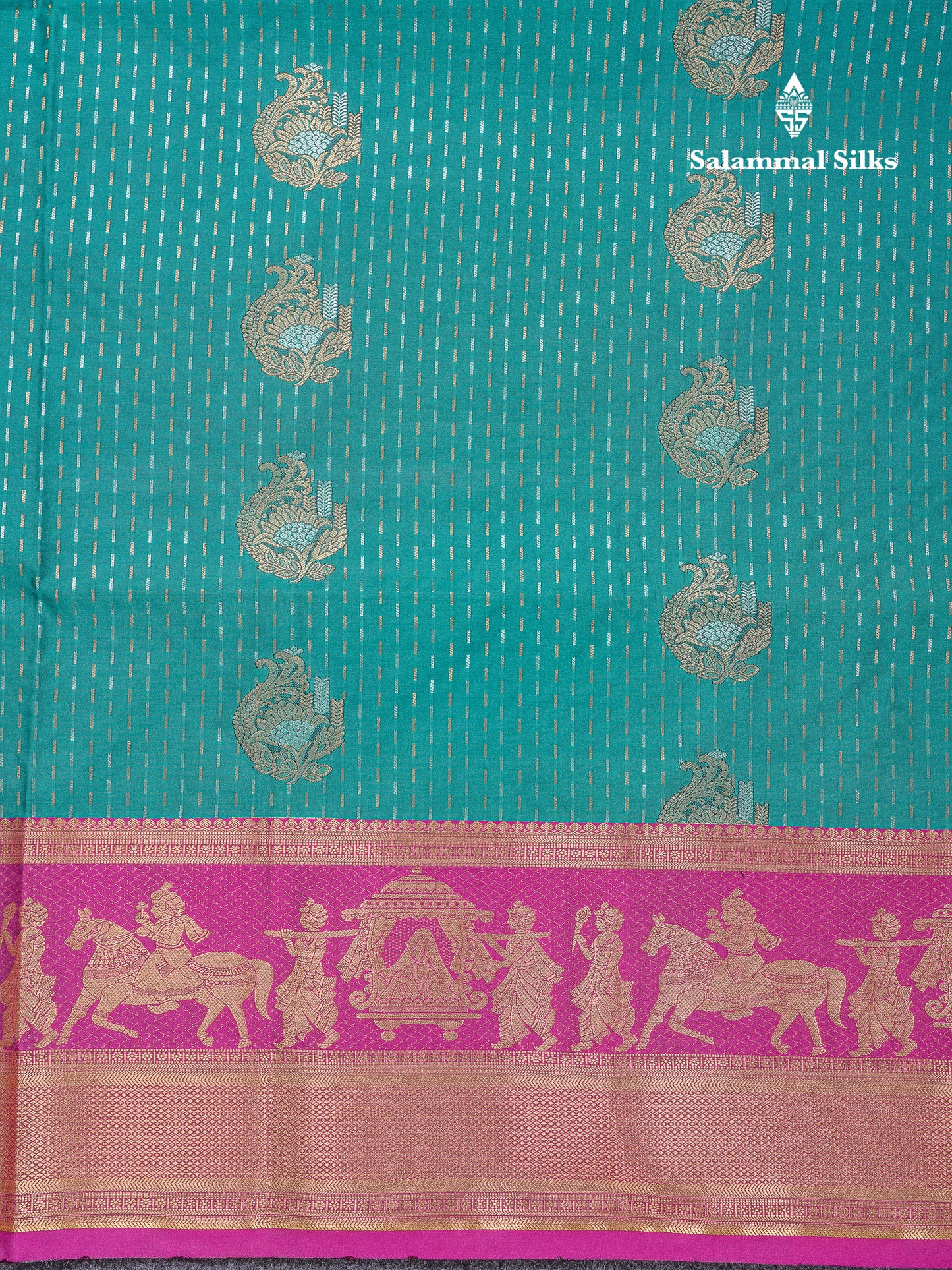 Beautiful Dark Violet Silver & Gold Zari Buttas Semi Silk Saree With Contrast Olive Green Traditional Pallaku Border