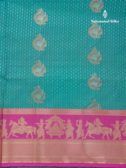 Beautiful Dark Violet Silver & Gold Zari Buttas Semi Silk Saree With Contrast Olive Green Traditional Pallaku Border