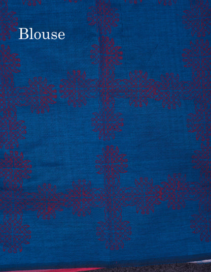 Beautiful Light Pink South Cotton Printed Saree With Contrast Ramar Blue Blouse