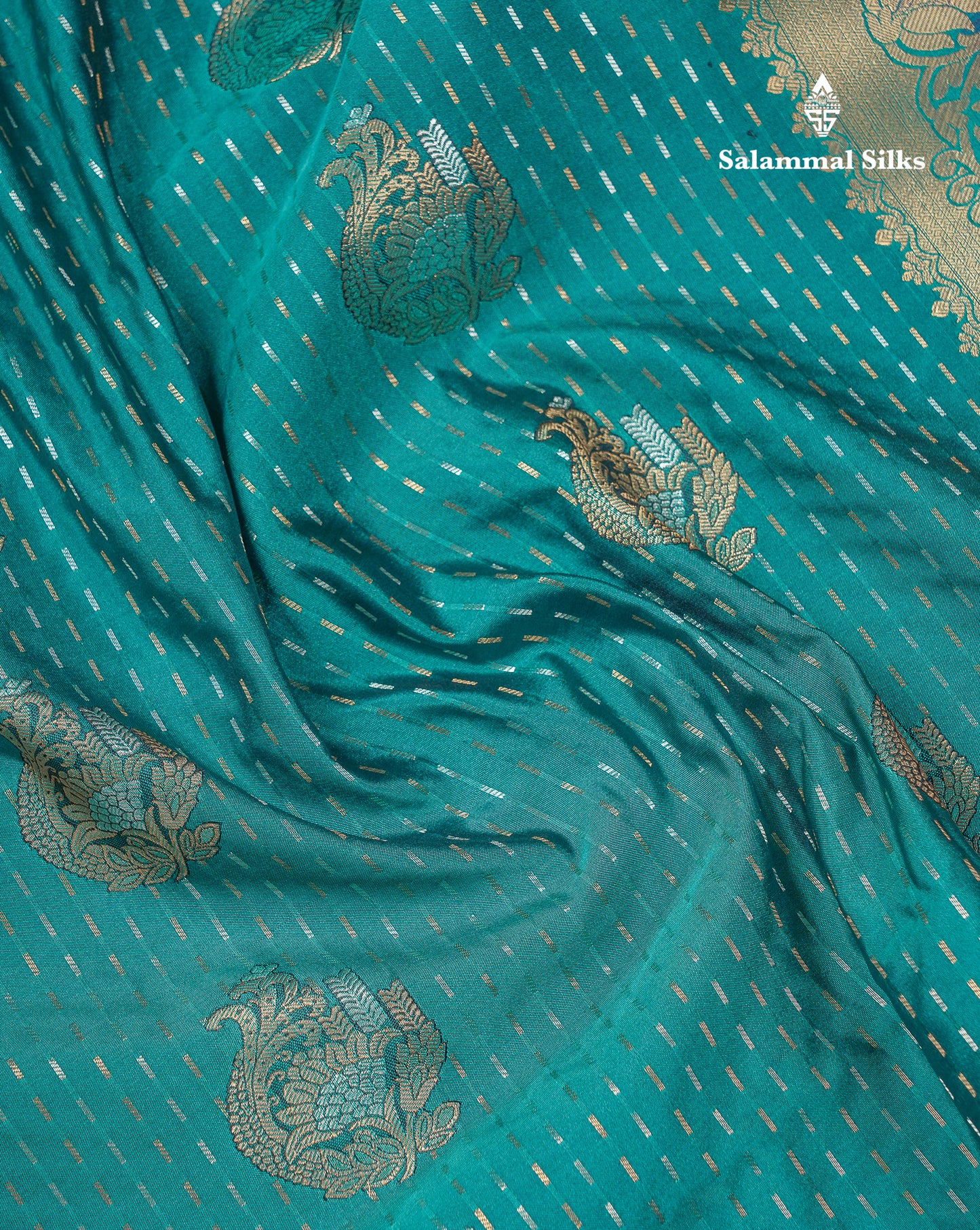 Beautiful Dark Violet Silver & Gold Zari Buttas Semi Silk Saree With Contrast Olive Green Traditional Pallaku Border