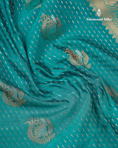 Beautiful Dark Violet Silver & Gold Zari Buttas Semi Silk Saree With Contrast Olive Green Traditional Pallaku Border