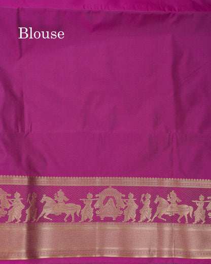 Beautiful Dark Violet Silver & Gold Zari Buttas Semi Silk Saree With Contrast Olive Green Traditional Pallaku Border