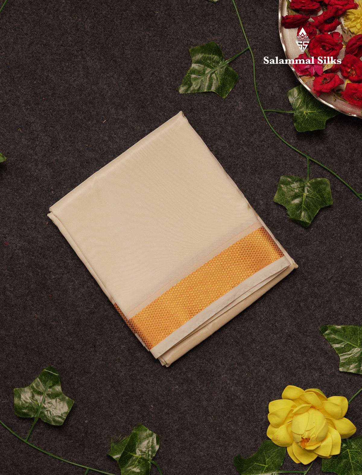 Beautiful Cream White Asha Mix (8x4)Dhoti With Gold Zari Border