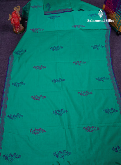 Beautiful Sapphire Green South Cotton Printed Saree With Contrast Violet Blouse