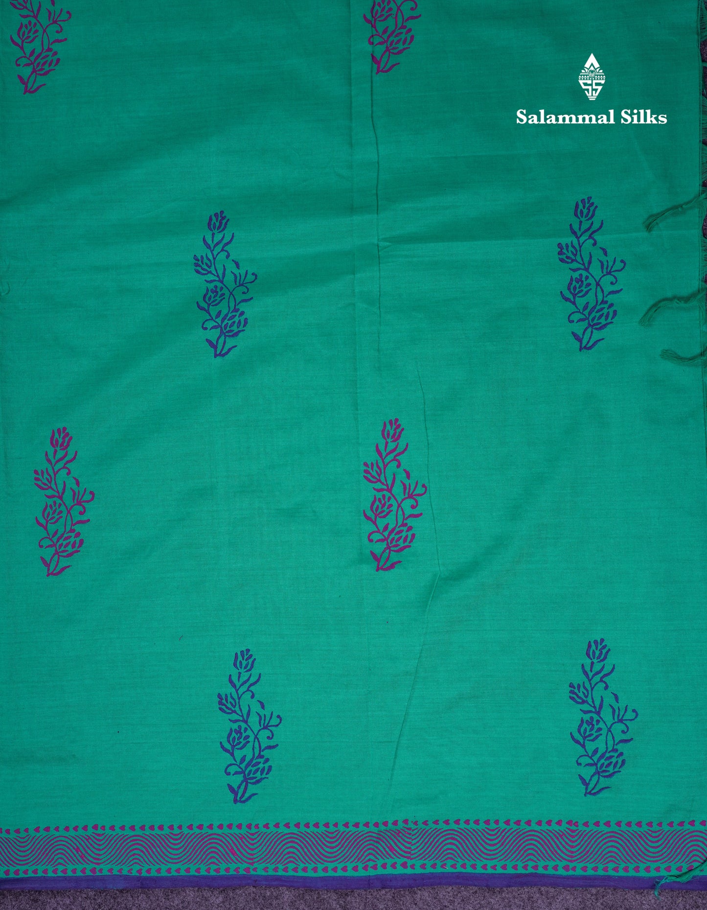 Beautiful Sapphire Green South Cotton Printed Saree With Contrast Violet Blouse