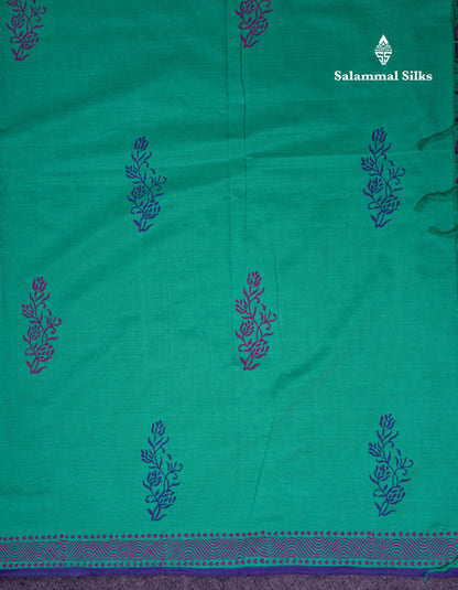 Beautiful Sapphire Green South Cotton Printed Saree With Contrast Violet Blouse