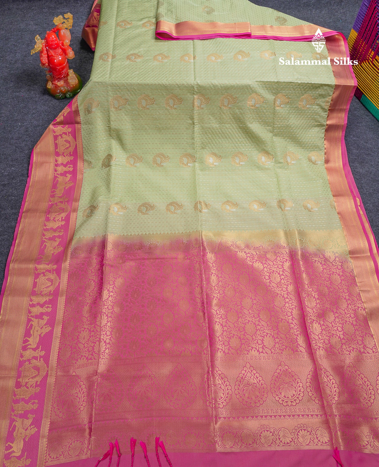 Beautiful Dark Violet Silver & Gold Zari Buttas Semi Silk Saree With Contrast Olive Green Traditional Pallaku Border