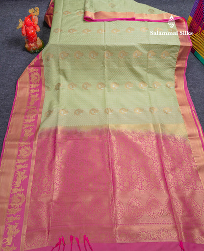 Beautiful Dark Violet Silver & Gold Zari Buttas Semi Silk Saree With Contrast Olive Green Traditional Pallaku Border