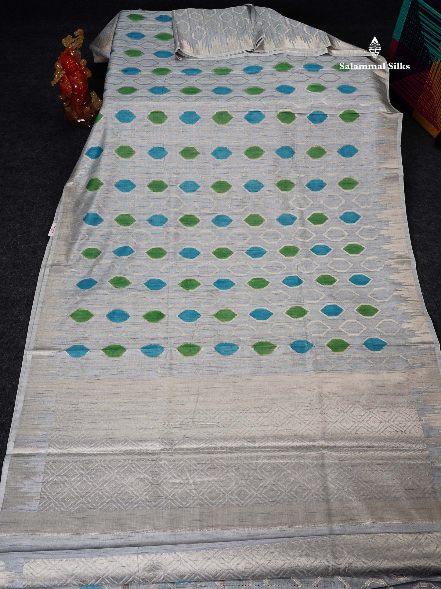 Cotton Mix Saree -  Grey White Meenakari Work Along With Temple Border
