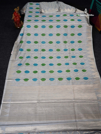 Cotton Mix Saree -  Grey White Meenakari Work Along With Temple Border