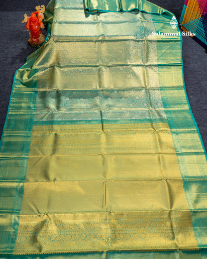 Light Green Tissue Bridal Pure Kanjivaram Silk Saree With Contrast Sapphire Green Traditional Border