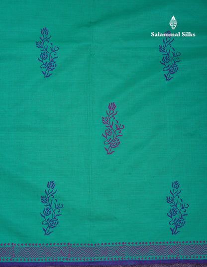 Beautiful Sapphire Green South Cotton Printed Saree With Contrast Violet Blouse