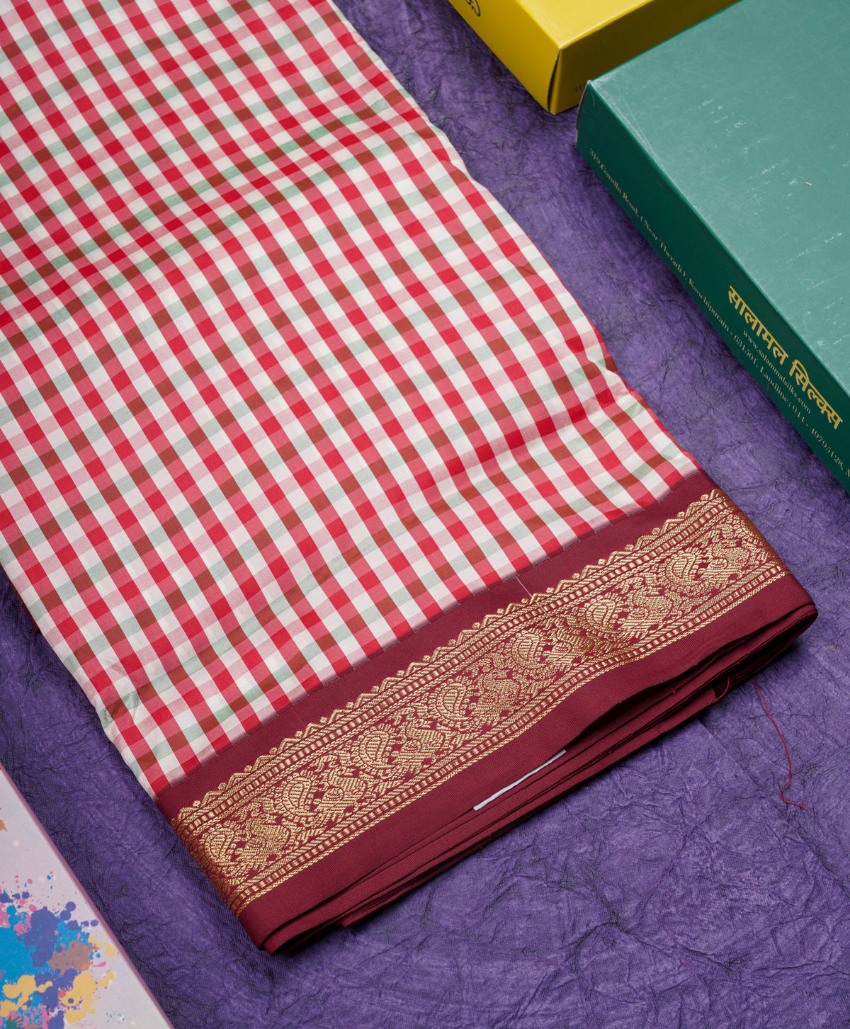 11 Yards Semi Silk Saree Multicolour Checks with Maroon Border