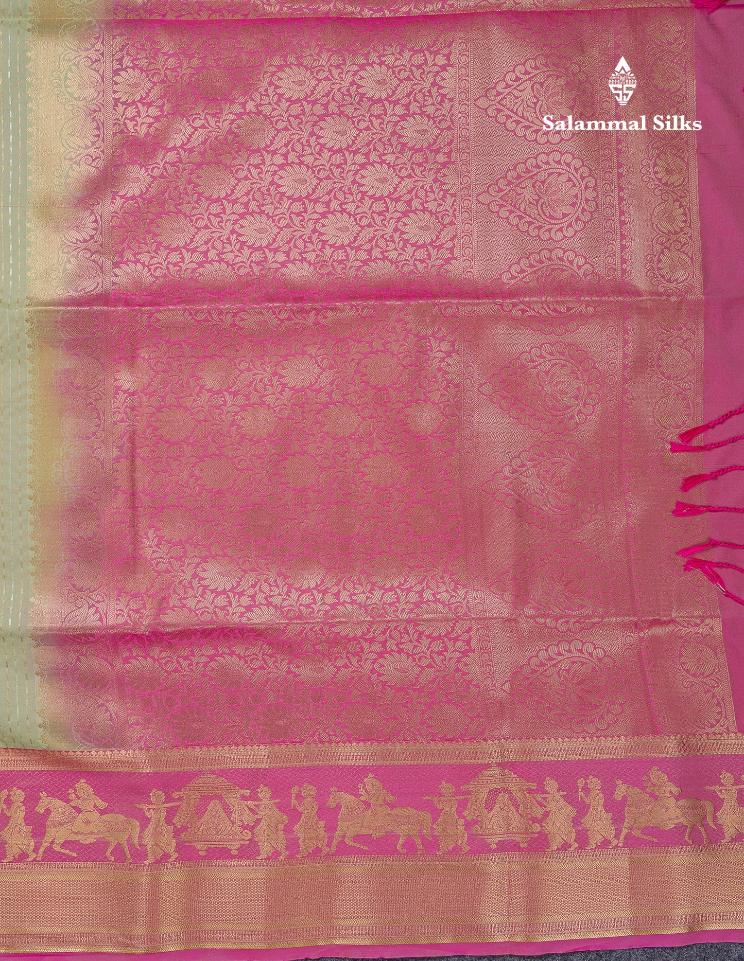 Beautiful Dark Violet Silver & Gold Zari Buttas Semi Silk Saree With Contrast Olive Green Traditional Pallaku Border