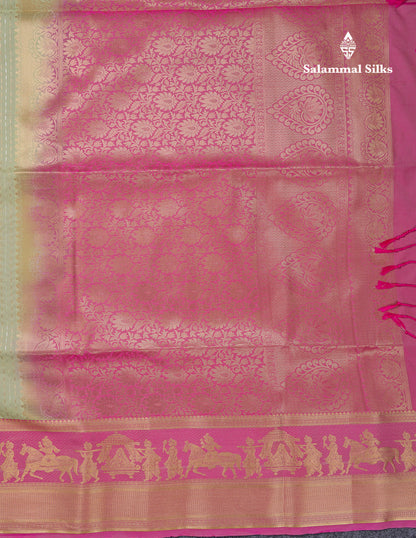 Beautiful Dark Violet Silver & Gold Zari Buttas Semi Silk Saree With Contrast Olive Green Traditional Pallaku Border