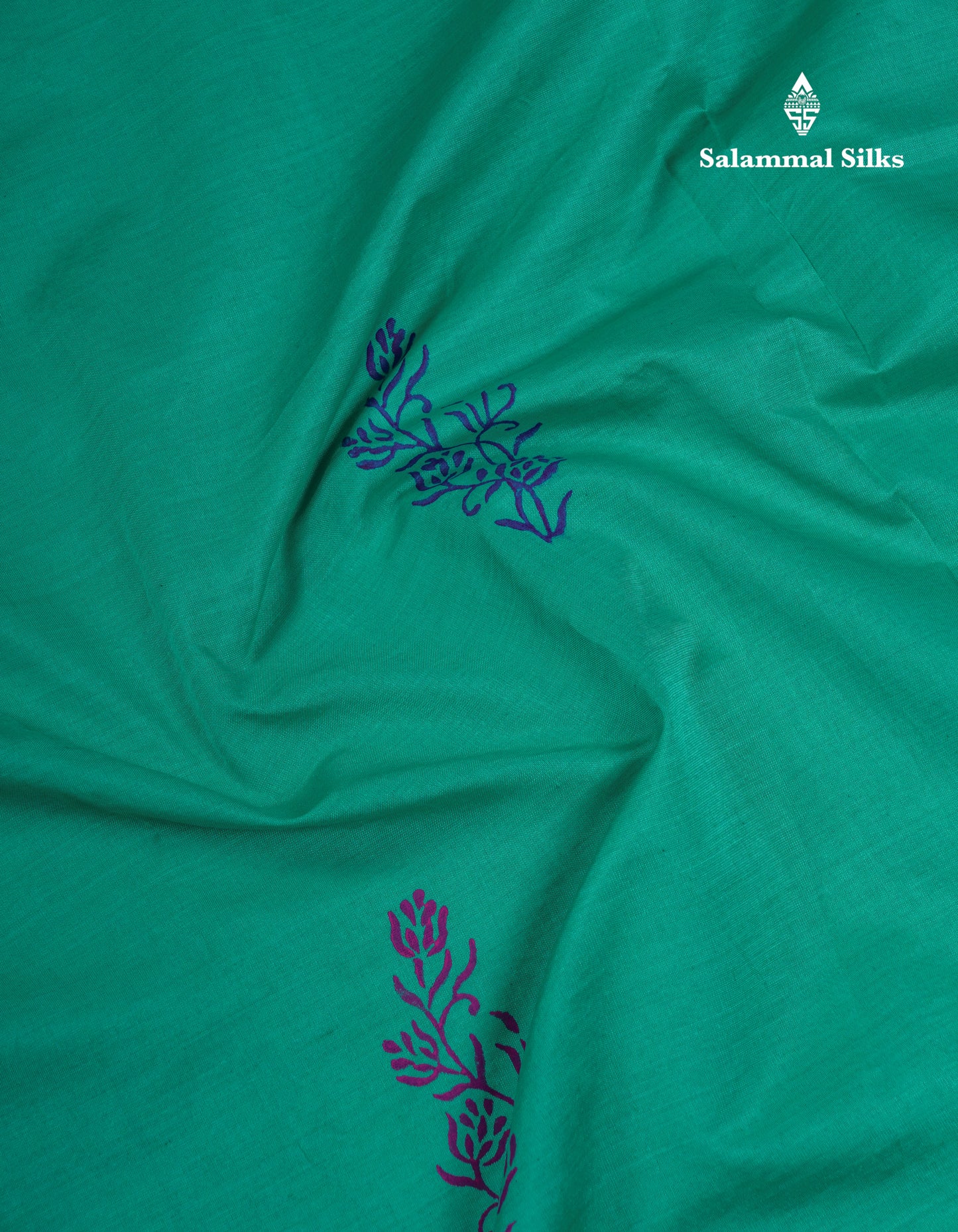 Beautiful Sapphire Green South Cotton Printed Saree With Contrast Violet Blouse