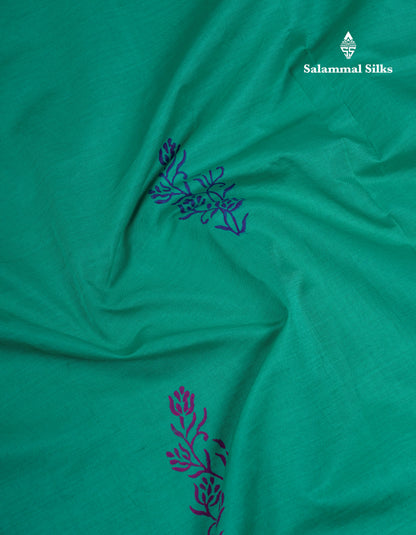 Beautiful Sapphire Green South Cotton Printed Saree With Contrast Violet Blouse