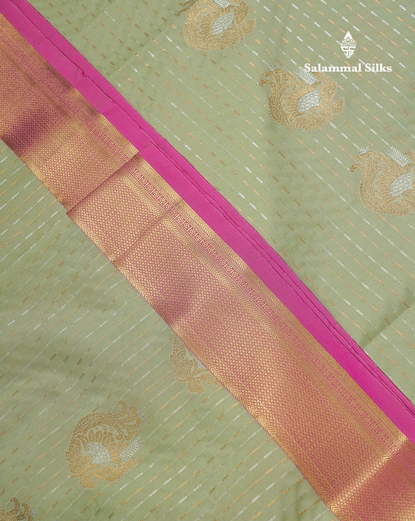 Beautiful Dark Violet Silver & Gold Zari Buttas Semi Silk Saree With Contrast Olive Green Traditional Pallaku Border