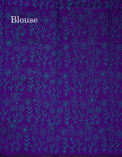 Beautiful Sapphire Green South Cotton Printed Saree With Contrast Violet Blouse