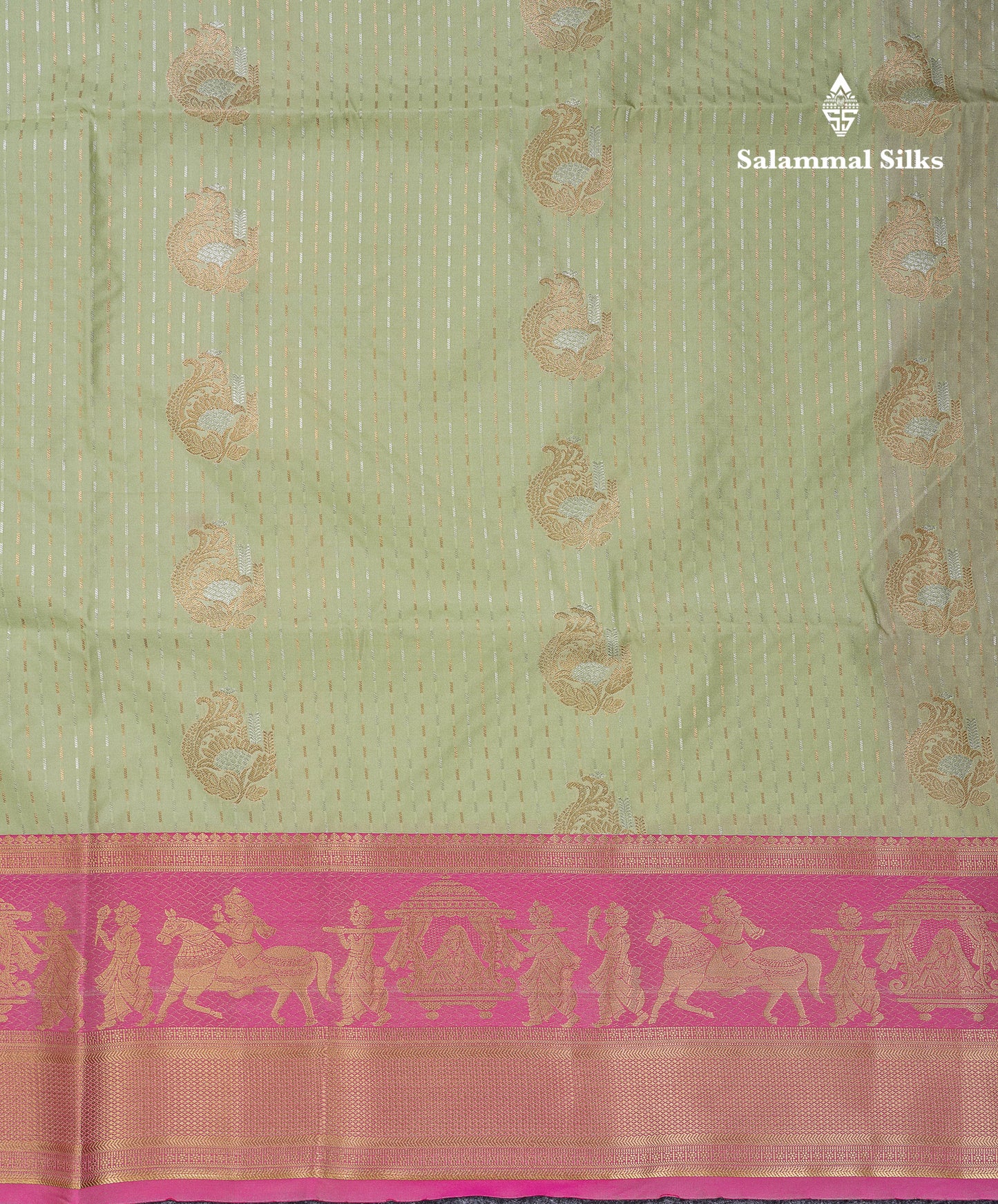 Beautiful Dark Violet Silver & Gold Zari Buttas Semi Silk Saree With Contrast Olive Green Traditional Pallaku Border