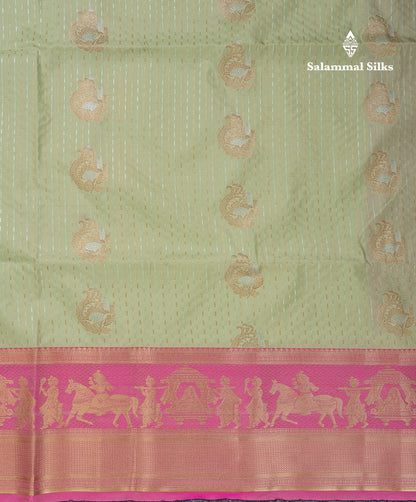 Beautiful Dark Violet Silver & Gold Zari Buttas Semi Silk Saree With Contrast Olive Green Traditional Pallaku Border