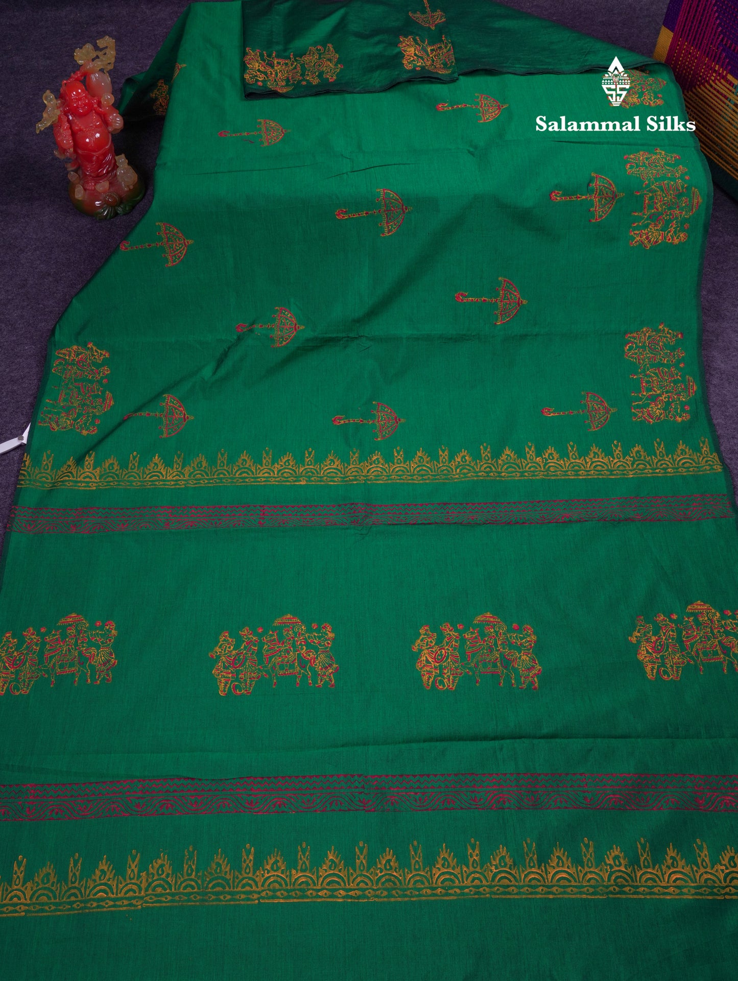 Beautiful Bottle Green South Cotton Printed Saree With Contrast Dark Maroon Blouse