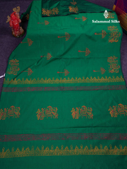 Beautiful Bottle Green South Cotton Printed Saree With Contrast Dark Maroon Blouse