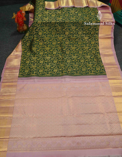 Korvai Beautiful Bottle Green Pure Kanjivaram Silk Saree Pure Zari With Contrast Light Pink Traditional Border