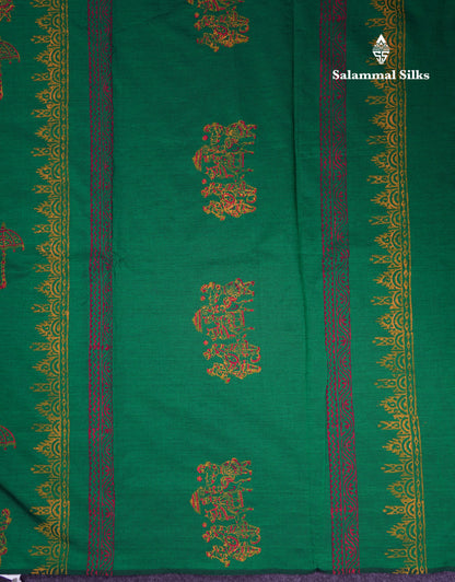 Beautiful Bottle Green South Cotton Printed Saree With Contrast Dark Maroon Blouse