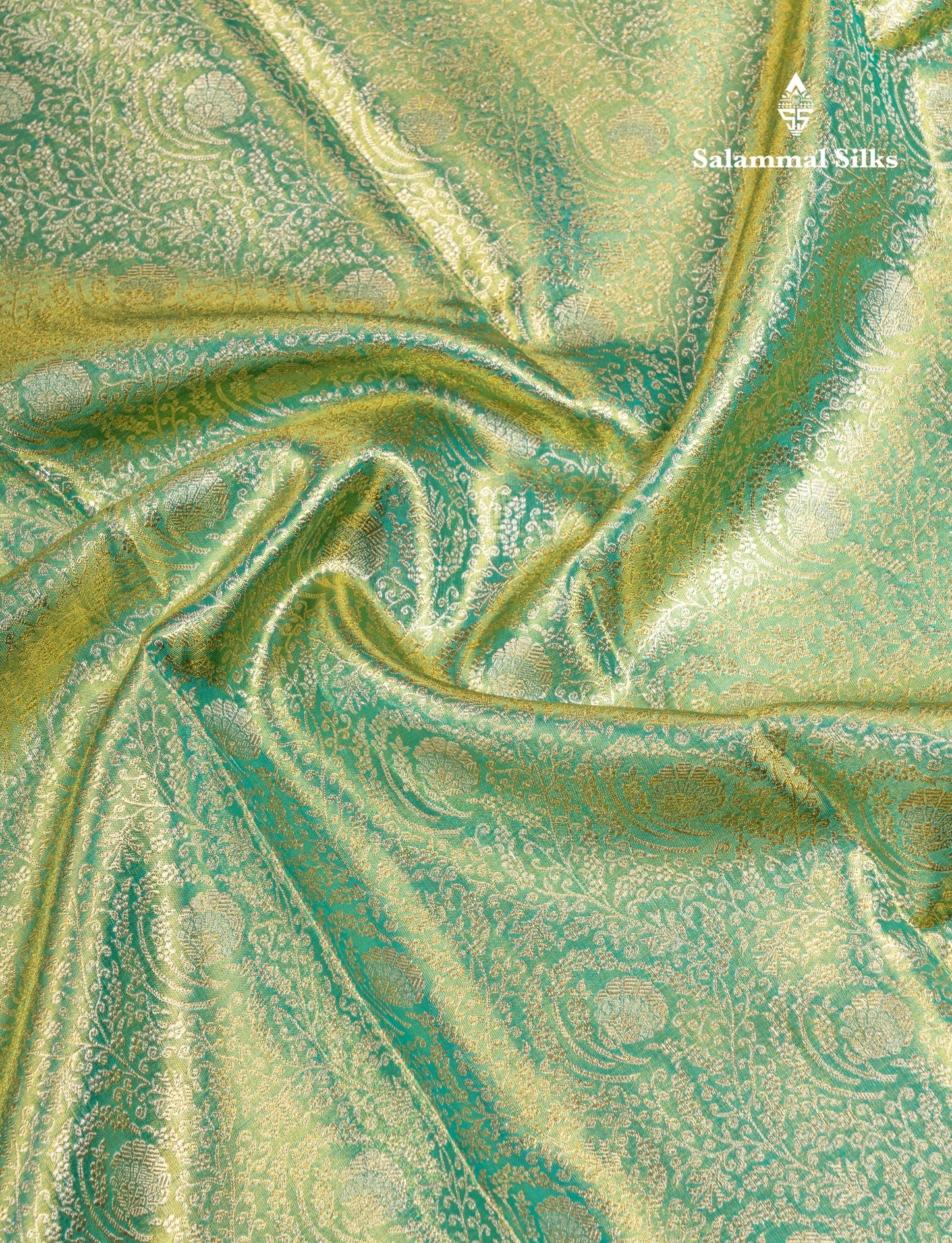 Light Green Tissue Bridal Pure Kanjivaram Silk Saree With Contrast Sapphire Green Traditional Border