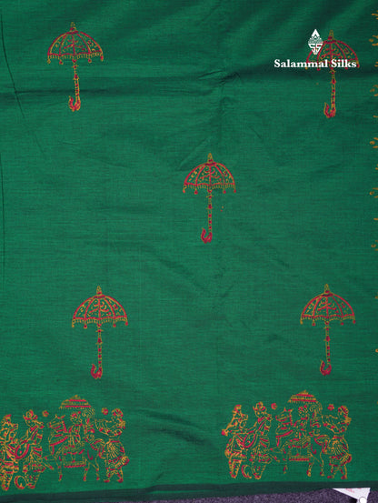 Beautiful Bottle Green South Cotton Printed Saree With Contrast Dark Maroon Blouse