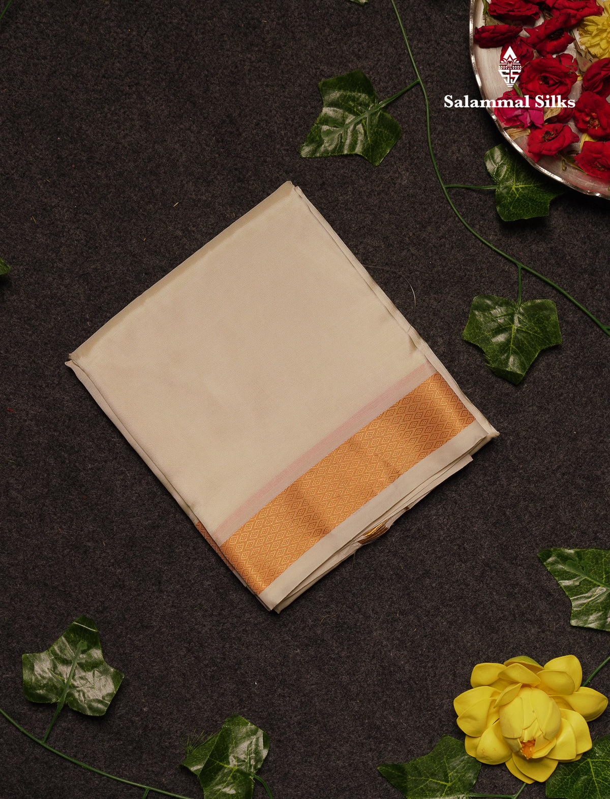 Beautiful Cream White Pure Mix 8 Muzham Dhoti With Gold Zari Border