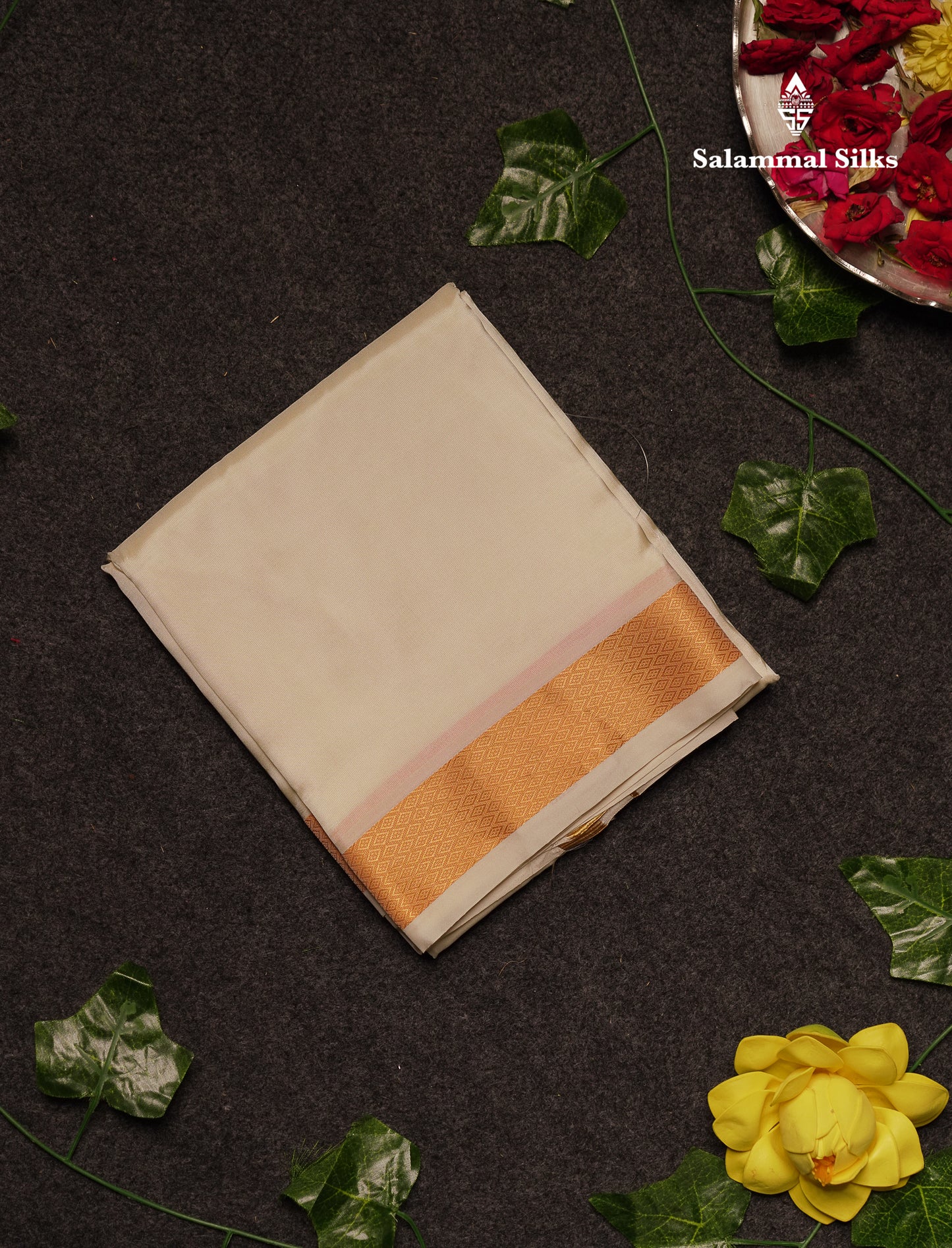 Beautiful Cream White Pure Mix 8 Muzham Dhoti With Gold Zari Border