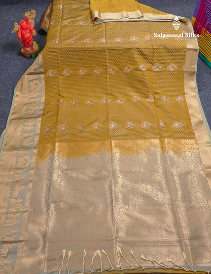 Beautiful Dark Violet Silver & Gold Zari Buttas Semi Silk Saree With Contrast Olive Green Traditional Pallaku Border